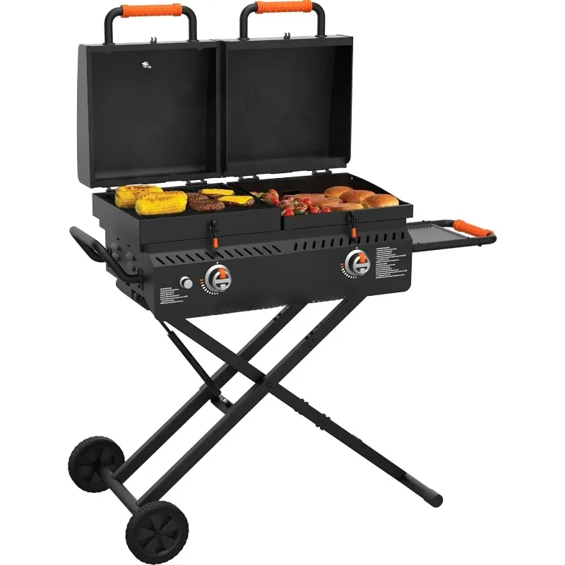 Electric Griddle Flat Top - เตาบาร์บีคิวแบบพกพา ทนทาน หน้าเตาเรียบ พร้อมล้อหมุน พับเก็บได้ มีฝาปิด