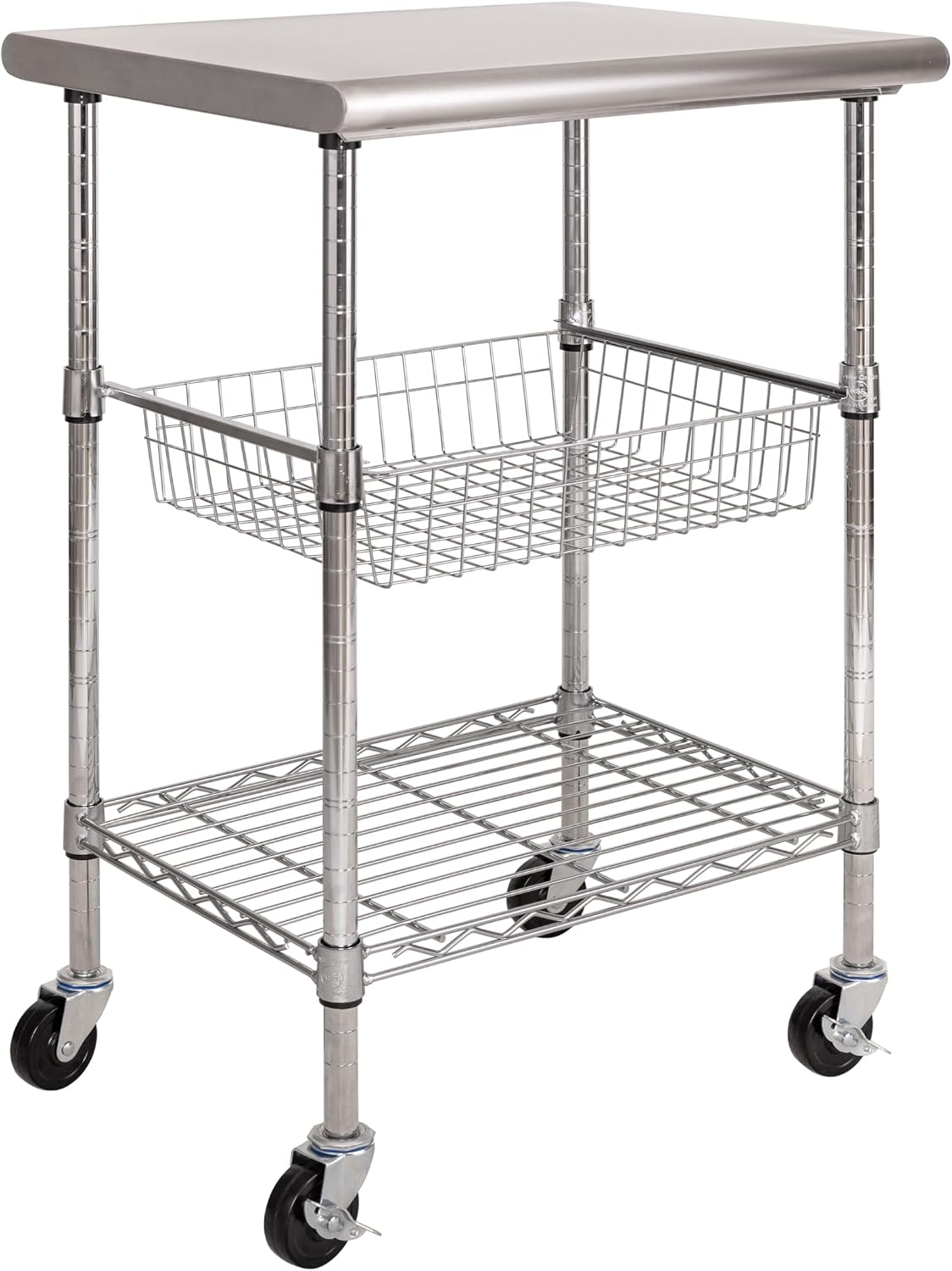 Commercial Kitchen Island On Wheels - โต๊ะเตรียมอาหารสแตนเลสสำหรับใช้งานเชิงพาณิชย์ พร้อมล้อเลื่อน ตะกร้าลวดเลื่อนได้ และชั้นวางของปรับระดับได้ เหมาะสำหรับทำอาหารและรับประทานอาหารที่บ้าน