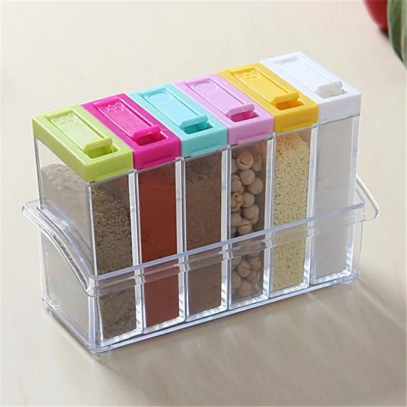 Commercial Kitchen Items - โปร่งใสเครื่องปรุงรสหกตารางกล่องปรุงรสหกชิ้นชุดอุปกรณ์ครัวขวดพลาสติกเกลือ MSG Seasoning Jar กล่องเก็บ