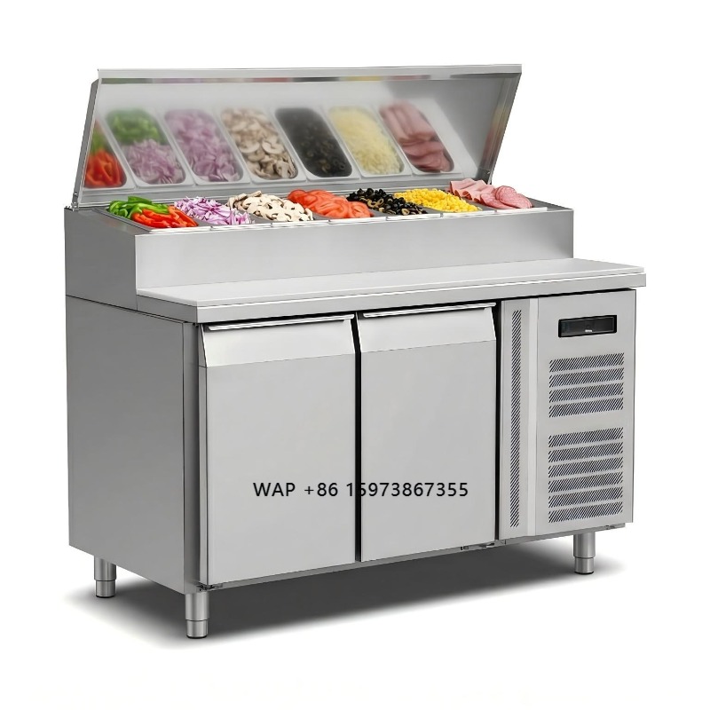 Commercial Kitchen Counter - ตู้เย็นเตรียมอาหารแบบ OEM 2 ประตู สแตนเลส สำหรับเตรียมแซนด์วิชและพิซซ่า