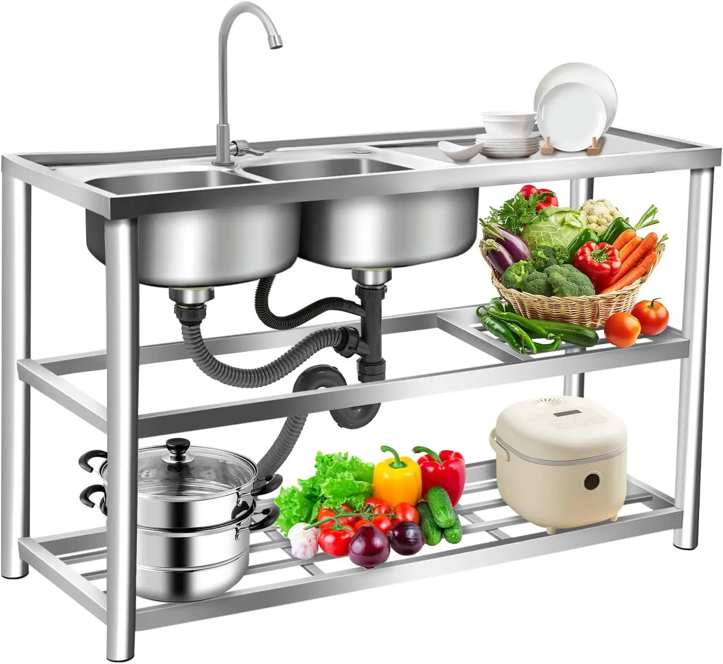 Commercial Kitchen Sink - อ่างล้างจานสแตนเลสแบบตั้งพื้น 3 ชั้น, อ่างล้างจานแบบสองหลุมสำหรับร้านอาหารเชิงพาณิชย์, ชุดอ่างล้างจานสำหรับครัวในร่มและกลางแจ้ง