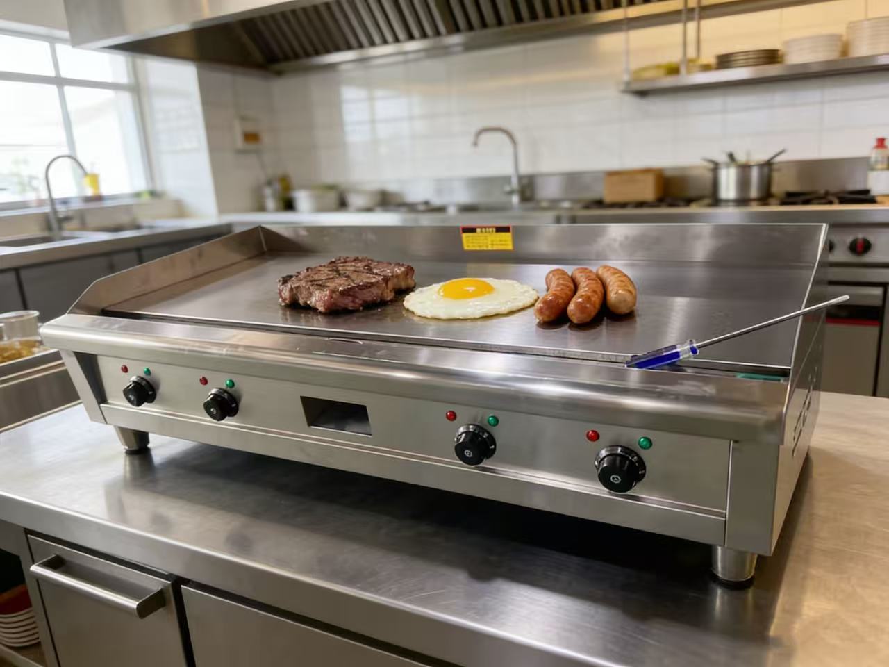 Electric Griddle Flat Top - เตาย่างไฟฟ้าเชิงพาณิชย์พร้อมระบบควบคุมอุณหภูมิปรับได้ โครงสร้างแข็งแรง ทนทาน ทำจากสแตนเลส สำหรับย่างเบอร์เกอร์ ไส้กรอก