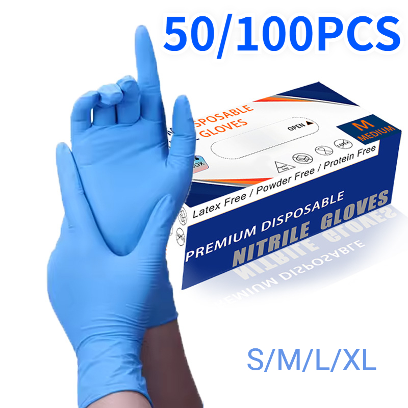 Commercial Kitchen Gloves - 50/100PCS ถุงมือไนไตรล์สีฟ้าแบบใช้แล้วทิ้งกันน้ําสีฟ้าถุงมือครัวล้างจานสัตว์เลี้ยงชุดว่ายน้ําความงามผมจัดแต่งทรงผมเครื่องมือ