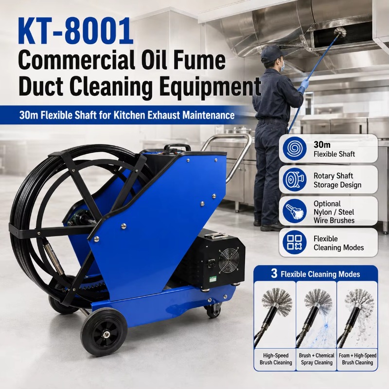 Commercial Kitchen Exhaust Cleaning - KT-8001 อุปกรณ์ทำความสะอาดท่อดูดควันน้ำมันเชิงพาณิชย์ พร้อมเพลาแบบยืดหยุ่นยาว 30 เมตร สำหรับการบำรุงรักษาระบบระบายอากาศในครัว
