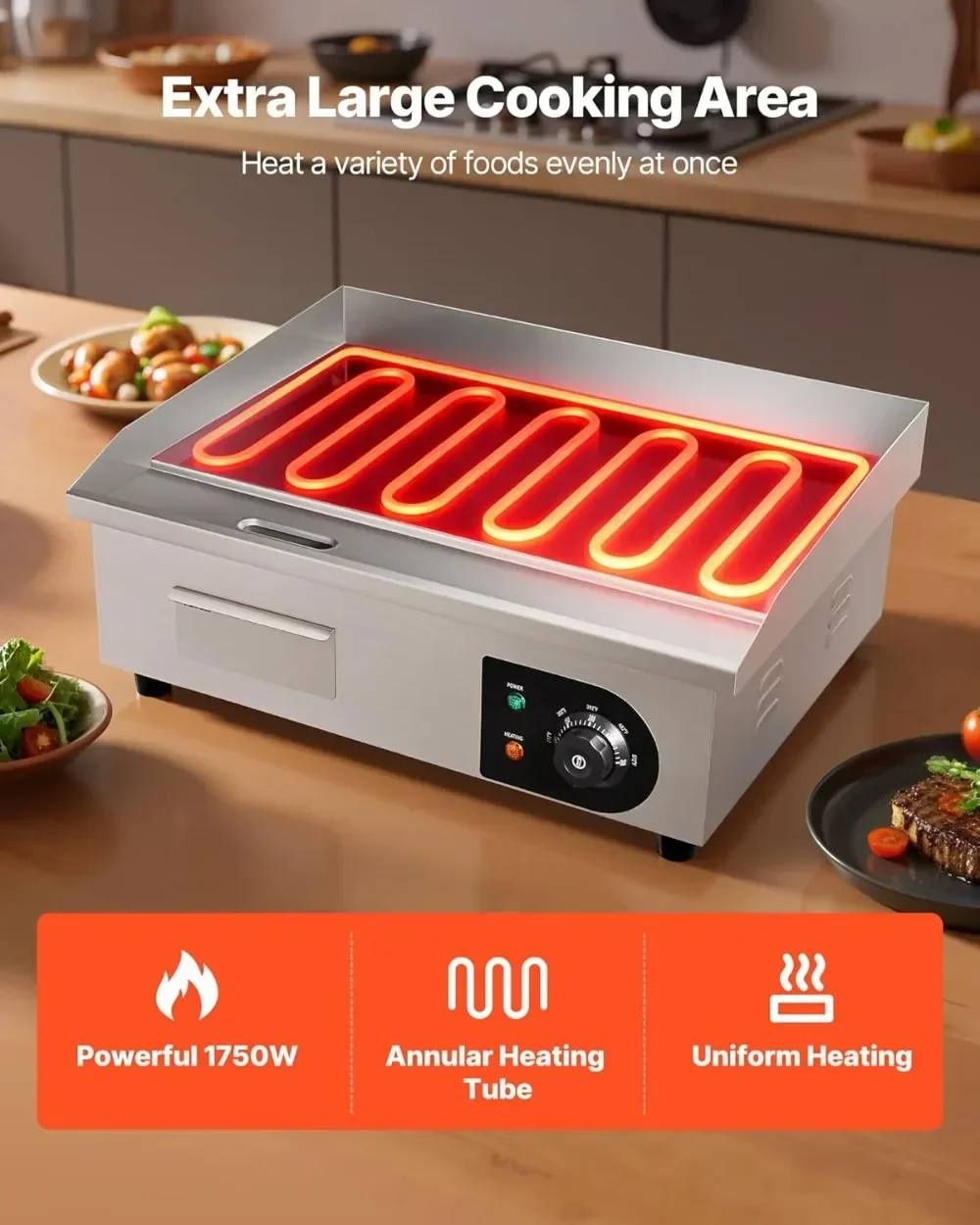 Electric Griddle Flat Top - เตาไฟฟ้าแบบแผ่นเรียบขายดี 1750 วัตต์ ขนาด 21x11.8 นิ้ว