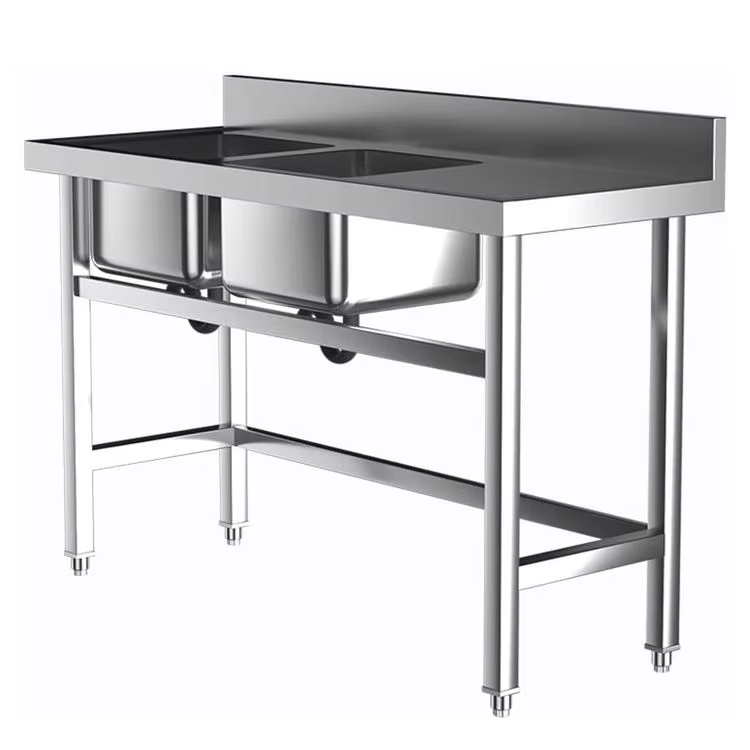 Commercial Kitchen Sink - อุปกรณ์ครัวโรงแรมเชิงพาณิชย์ อ่างล้างจานสแตนเลสสองหลุม พร้อมโต๊ะทำงาน รูปทรงสี่เหลี่ยม และสองรู