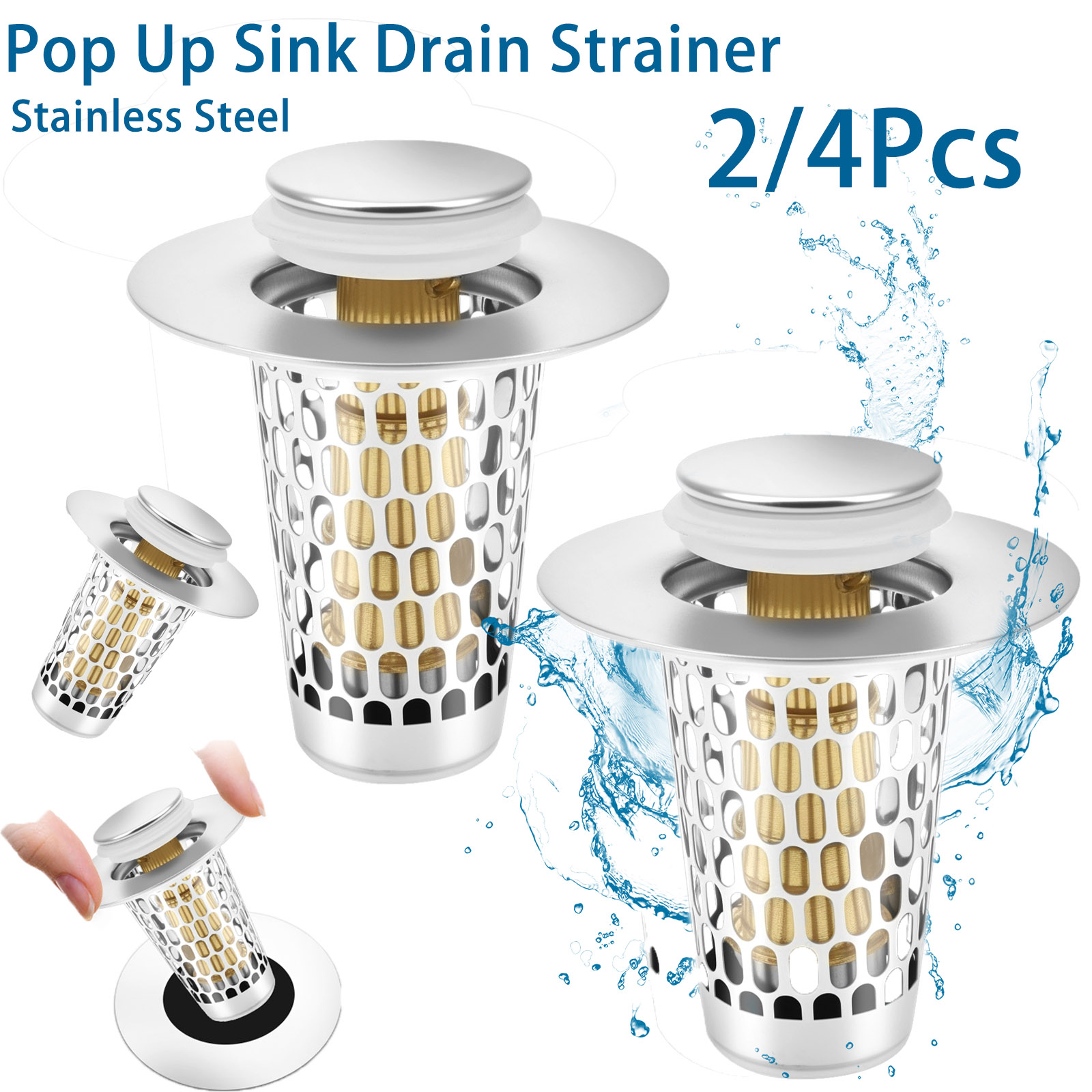 Commercial Kitchen Sink - ตัวกรองท่อระบายน้ำแบบป๊อปอัพ 2/4 ชิ้น ทำจากสแตนเลส สำหรับอ่างล้างจานในห้องน้ำและห้องครัว ป้องกันเส้นผมและแมลง