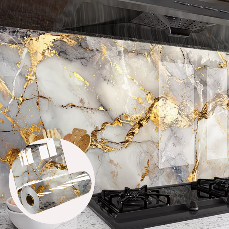 Commercial Kitchen Tiles - สติกเกอร์ติดตู้ครัวและสติกเกอร์กันน้ำมัน ลายหินอ่อนสีทอง กันน้ำ ทนต่อคราบสกปรก ติดตั้งง่ายและทำความสะอาดง่าย